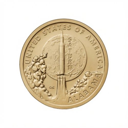 Alabama Saturn V Rocket Coin featuring the Saturn V rocket rising from a cratered lunar disc